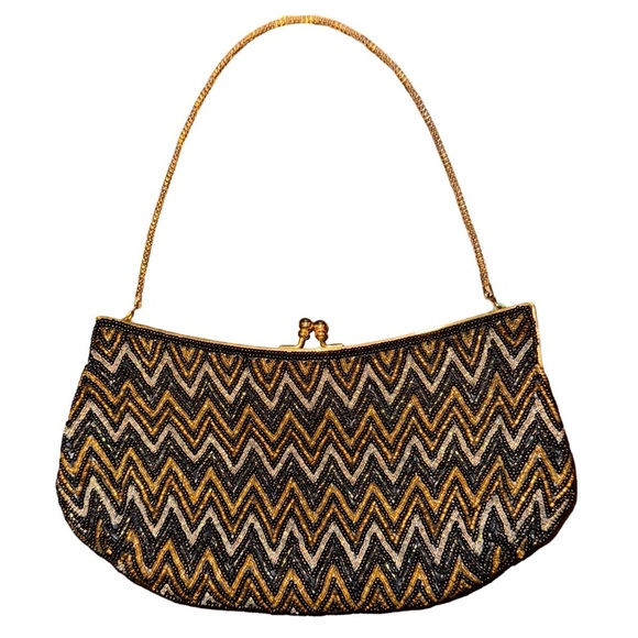 Vintage Beaded Elegant Black and Gold Chevron Clutch - Picture 1 of 4